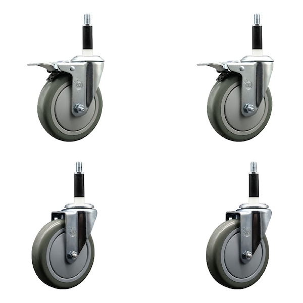 5'' Gray Poly Swivel 7/8'' Expanding Stem Caster Set 2 Total Lock Brakes, 4PK